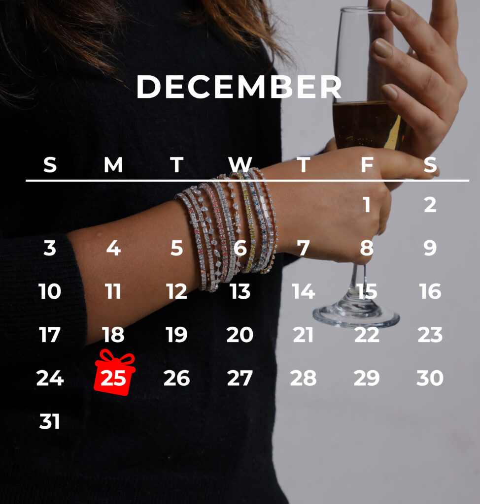 December calendar with hand holding champagne glass.