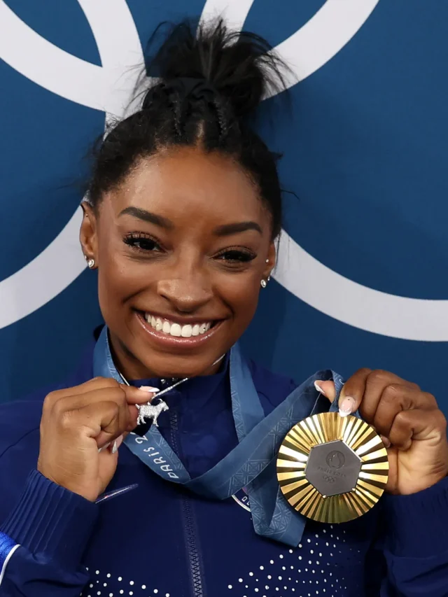 Simone Biles GOAT Necklace After Winning Gold at Paris 2024 Olympics