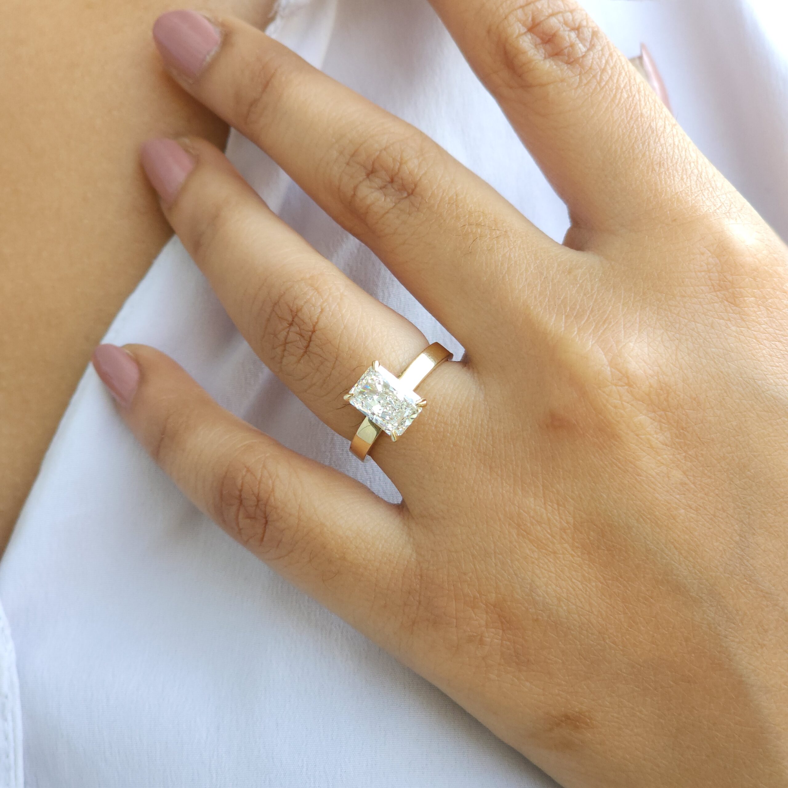 radiant cut diamond flat band ring