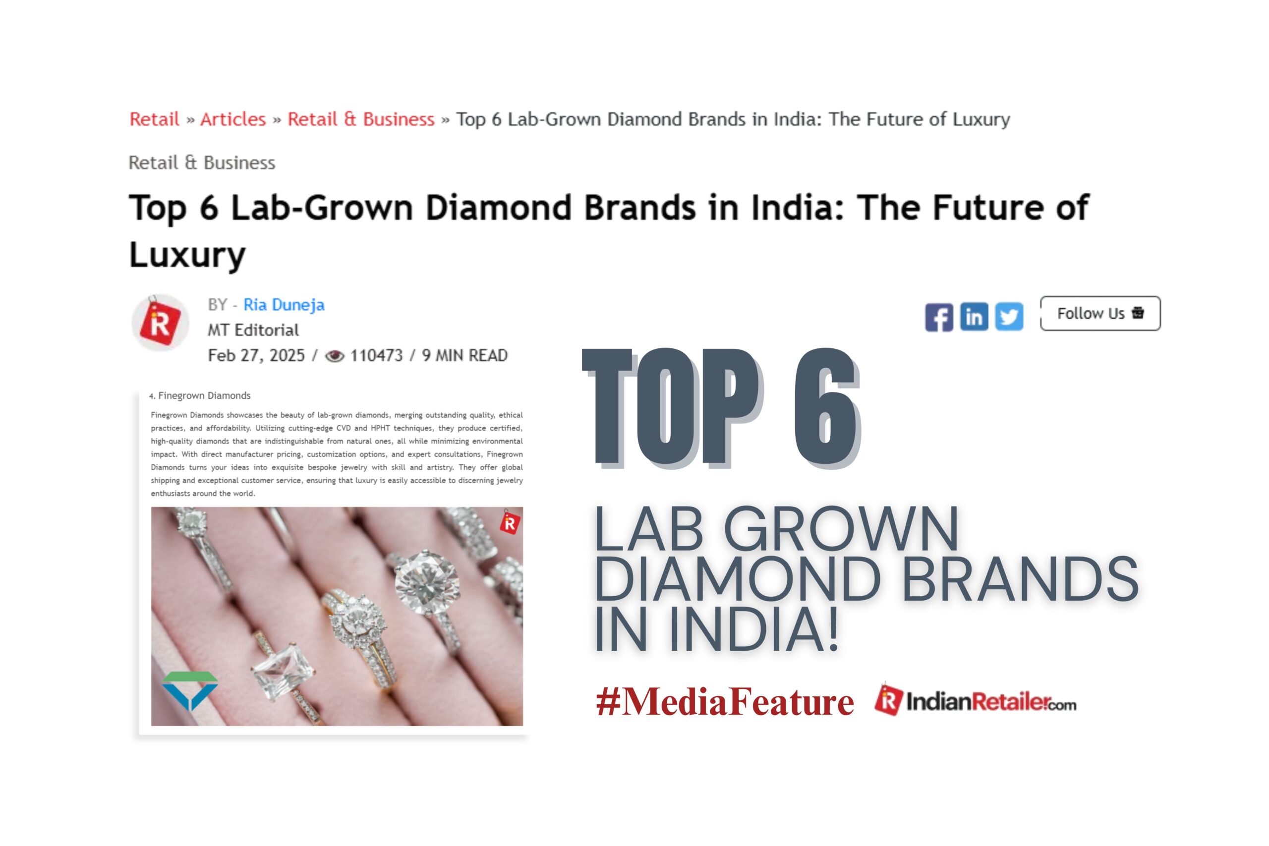 Proud to be a Top 6 Lab-Grown Diamond Brand in India by IndianRetailer