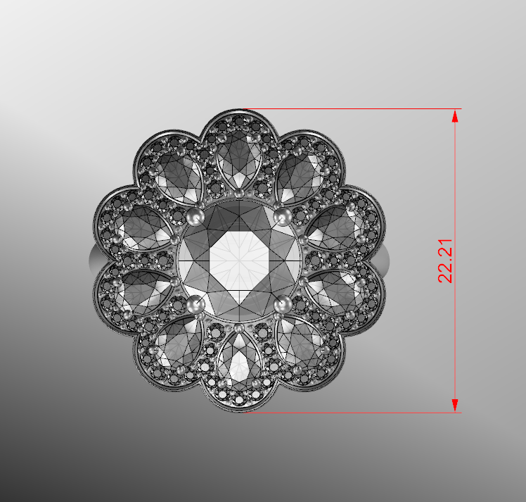 Intricate floral diamond ring design with measurement details.
