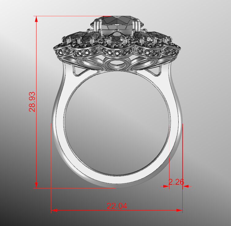 3D rendering of intricately designed ring with measurements.
