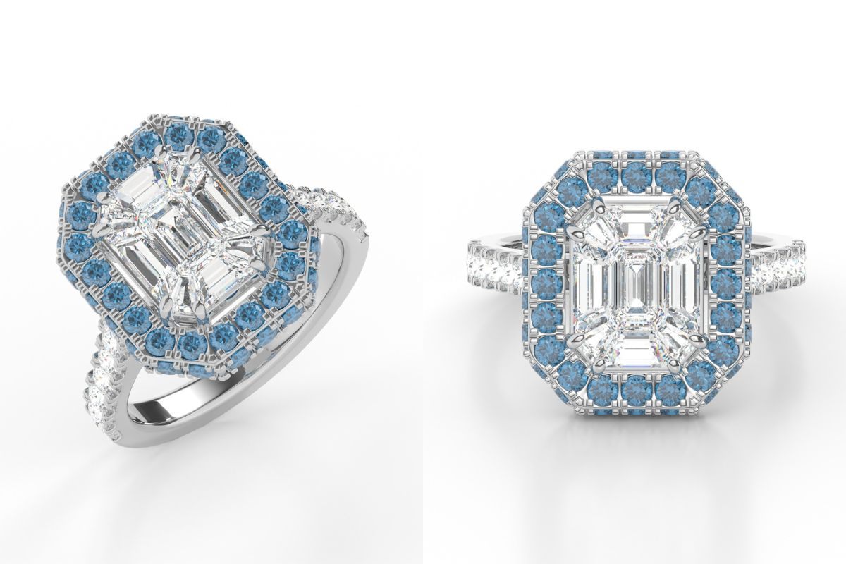 Diamond Ring Rendering with Color Diamonds in White Gold